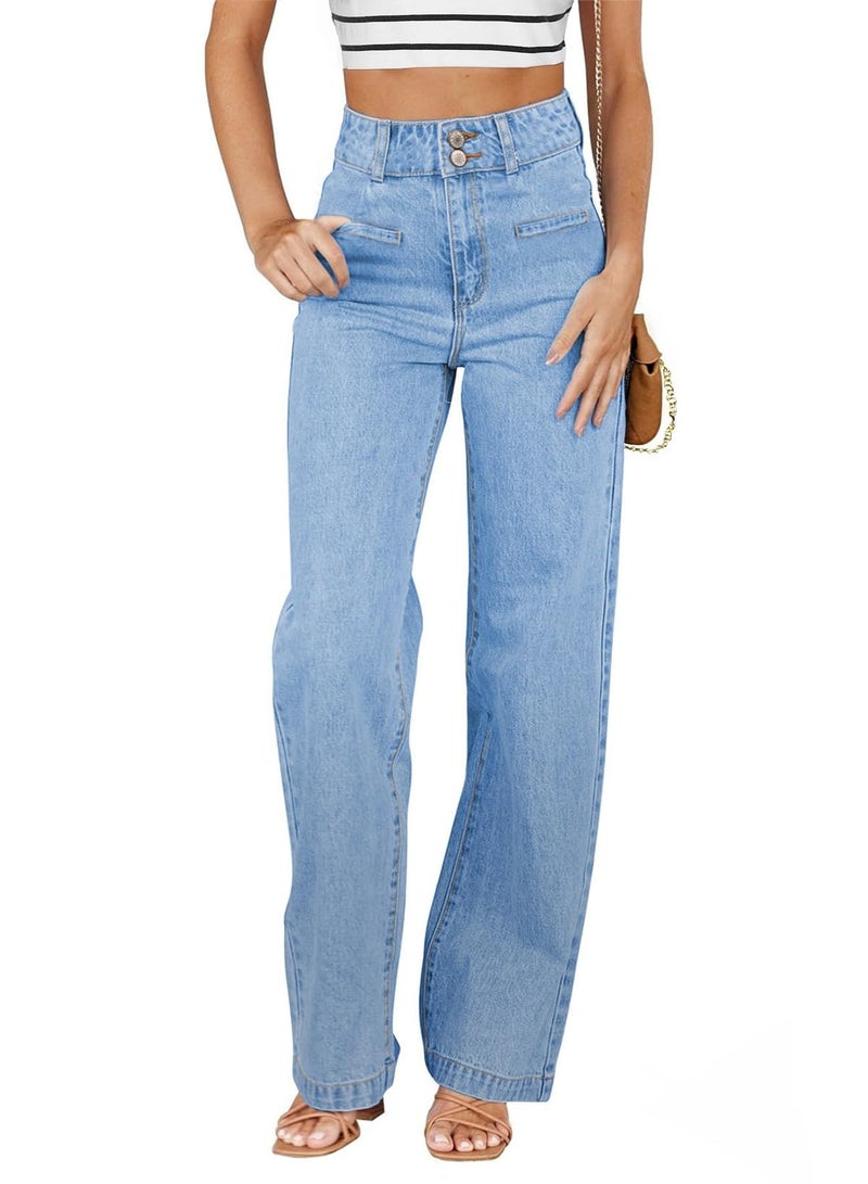Sidefeel Women's Wide Leg Jeans High Waisted Straight Leg Jeans Stretchy Trendy Loose Denim Pants Iceland Blue Size 10 - Image 1