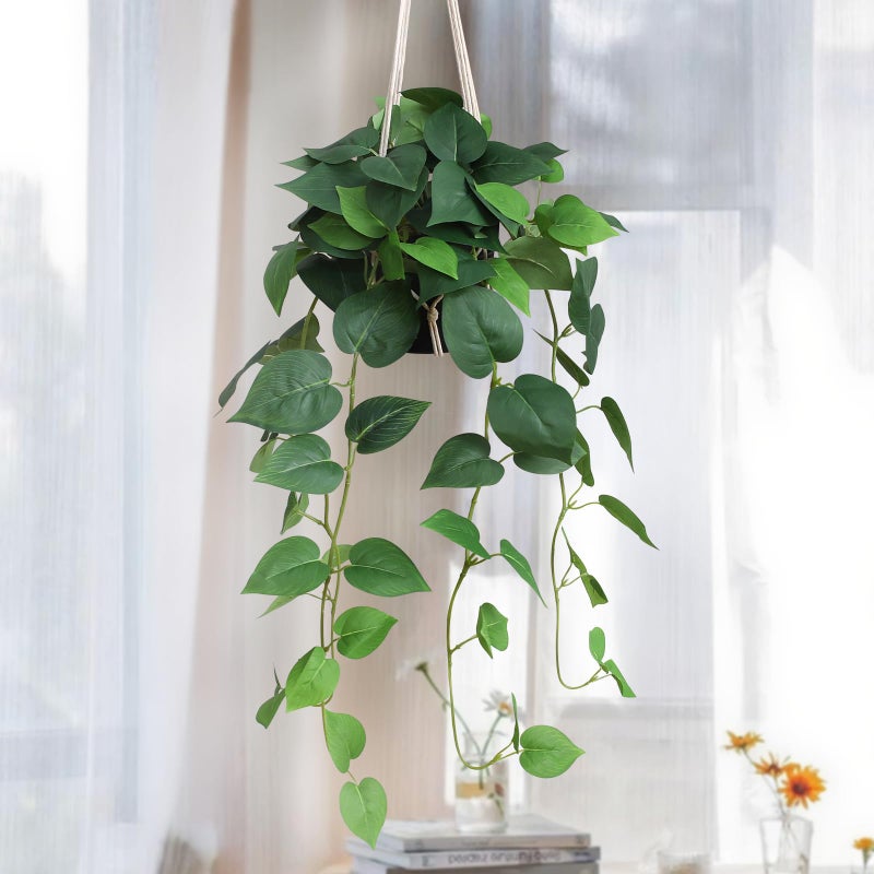 alyptus Fake Hanging Plants â€“ Artificial Green Leaves Ivy with Pot Realistic Pothos Plant Indoor Decor, Lush Faux Philodendron with Vines for Balcony Patio Office Bathroom Home Greenery - Green - Image 1