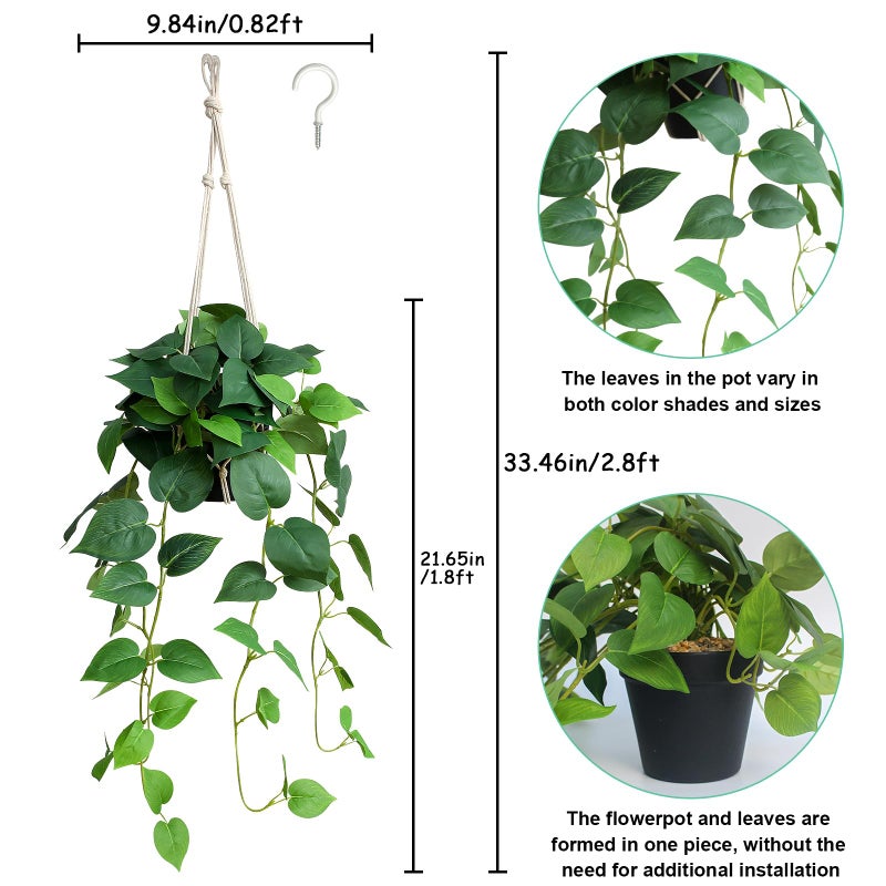 alyptus Fake Hanging Plants â€“ Artificial Green Leaves Ivy with Pot Realistic Pothos Plant Indoor Decor, Lush Faux Philodendron with Vines for Balcony Patio Office Bathroom Home Greenery - Green - Image 2