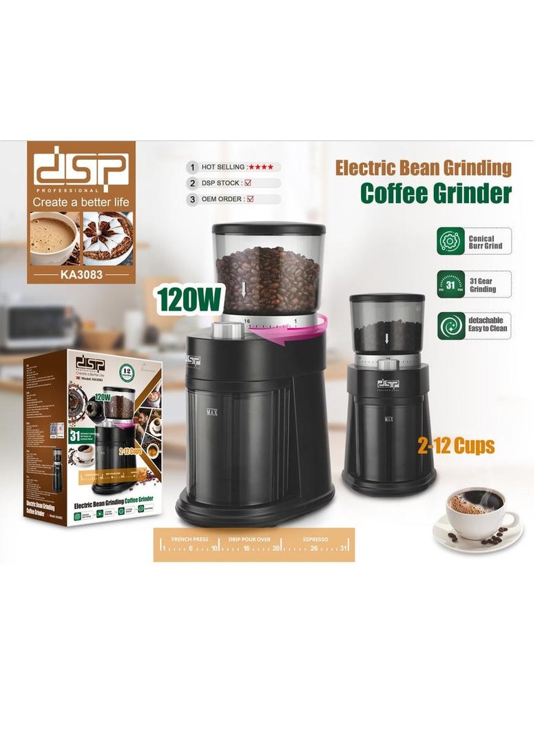 DSP 12-Cups Coffee Grinder Electric Coffee-Bean Grinder Adjustable Burr Mill with 31 Precision Grind Settings 120W KA-3083 Black  - Image 3