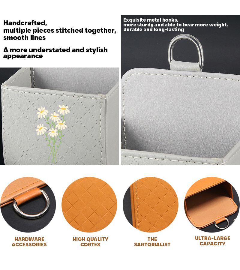 Silvery Faux Leather Car Air Vent Organizer Bag Quilted Storage Pouch With Metal Hook - Image 4