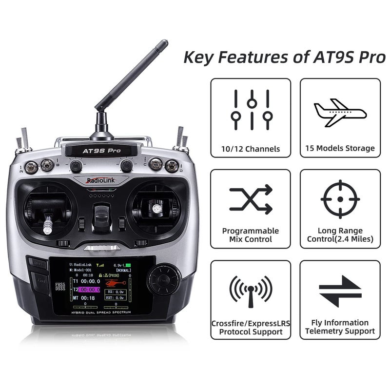 RADIOLINK جهاز إرسال واستقبال راديو Radiolink AT9S Pro 1012 قناة R9DS طويل المدى للطائرات وطائرات الجيت وسباقات FPV والطائرات بدون طيار وQuadRC والشاحنات والسيارات والقوارب والمزيد وضع 2 يد يسار - Image 3