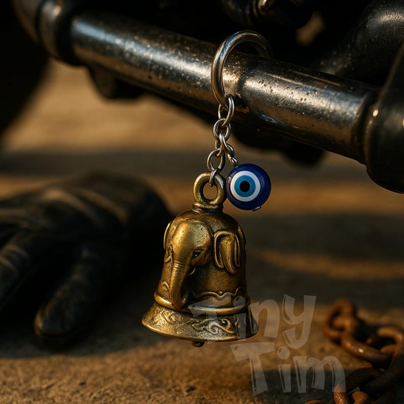 Tiny Tim Store Guardian Bell with Evil Eye Charm – Protective Motorcycle & Car Accessory – Tibetan-Inspired Design – Wards Off Negative Energy – Ideal Gift for Bikers & Travelers - Image 3