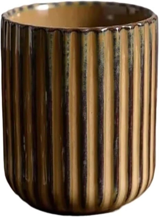 LILITURF Vintage Ceramic Mug, Japanese Tea Cup 6oz Striped Cup No Handle Drinking Cup for Latte Milk Water Beverage Juice Microwave and Dishwasher Safe, Kiln Transformation Cup (Brown) - Image 1