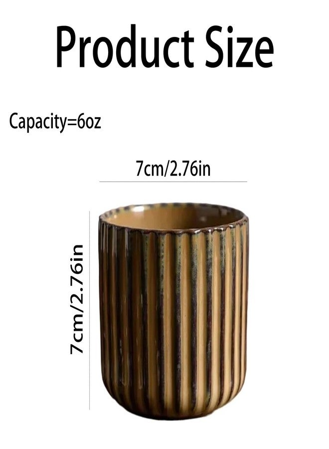 LILITURF Vintage Ceramic Mug, Japanese Tea Cup 6oz Striped Cup No Handle Drinking Cup for Latte Milk Water Beverage Juice Microwave and Dishwasher Safe, Kiln Transformation Cup (Brown) - Image 2
