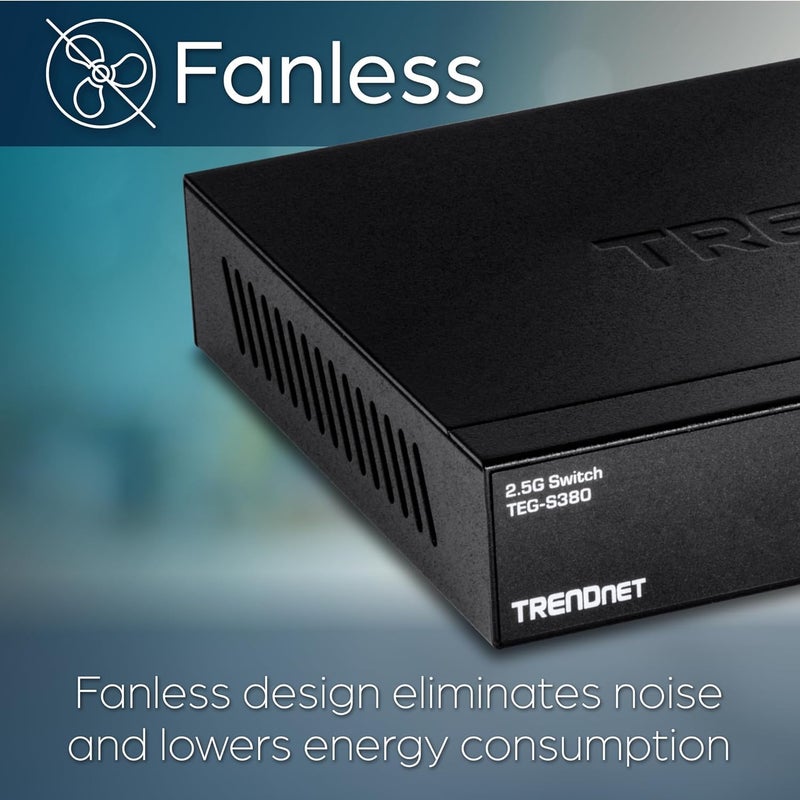 TRENDnet 8-Port 2.5Gb Multi-Gigabit Unmanaged Gaming Switch, TEG-S380, 8 x 2.5GBASE-T Ports, 25Gbps Switching Capacity, Ethernet Splitter, NDAA & TAA Compliant, Fanless, Lifetime Protection, Black - Image 5