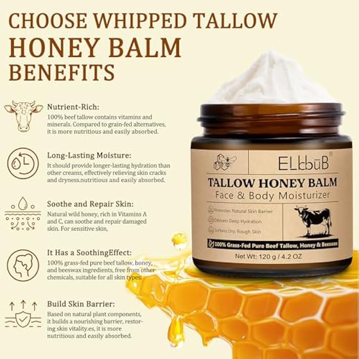 ELBBUB Whipped Tallow Cream for Face & Body - 100% Grass-Fed Beef Tallow, Natural Honey & Beeswax Moisturizer, Deep Hydration & Nourishment, Oil-Free & Unscented, Fast Absorbing - Image 2