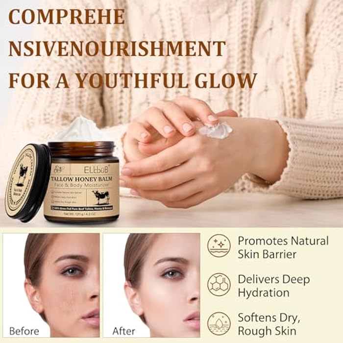 ELBBUB Whipped Tallow Cream for Face & Body - 100% Grass-Fed Beef Tallow, Natural Honey & Beeswax Moisturizer, Deep Hydration & Nourishment, Oil-Free & Unscented, Fast Absorbing - Image 5