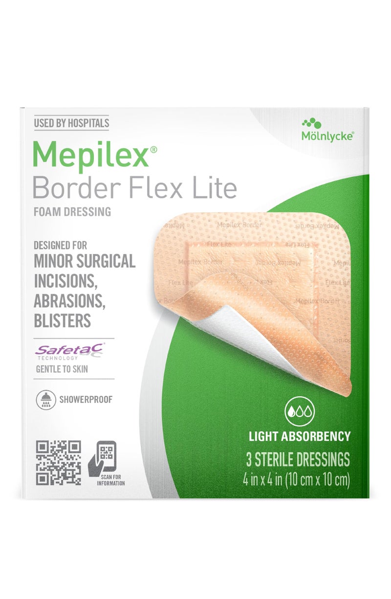 Mepilex ميبيليكس بورد فليكس لايت 4x4 بوصة (10x10 سم) ضمادات من الدرجة الطبية للجروح الجراحية الطفيفة، الخدوش والبثور للاستخدام لعدة أيام - Image 1