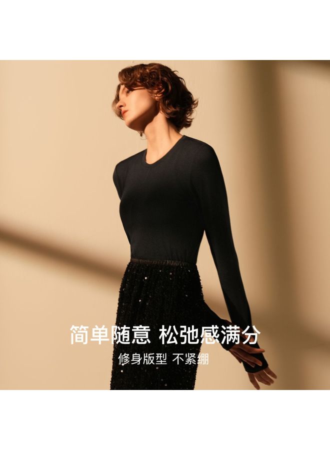 ubras Women'S Pure Color Wool Crewneck Base Layer Top - Image 3