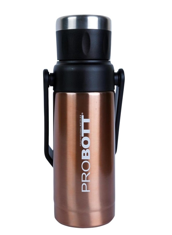 Probott Handy 1500 ml Thermosteel Vacuum Insulated Double Walled Flask 1+ Litre, Gold | Carry Handle | Camping | Leakproof | Gym | Sports | Office | Home | Kitchen | Hiking | Treking | Travel - Image 1