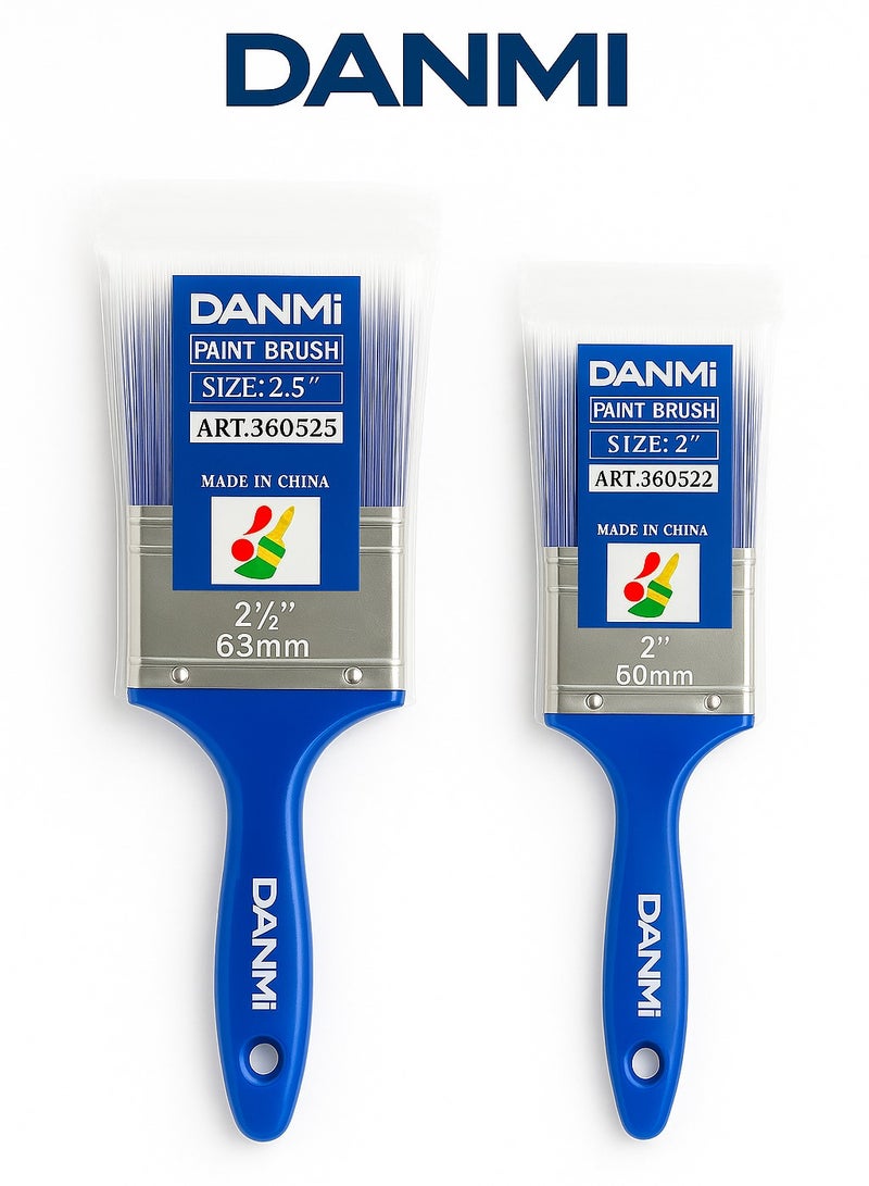 DANMI 2-Piece – DANMI Paint Brushes (2.5" / 63.5 mm + 2" / 50.8 mm) – Blue Plastic Handles with Metal Ferrules, Dual Rivets – ART:360525 + ART:360502 – Made in China - Image 1