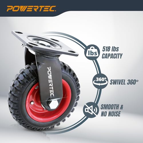 POWERTEC 8 Inch Caster Wheels Set of 4 (2 Swivel & 2 Fixed), Heavy Duty Casters w/Rubber Knobby Tread for Workbench, Dolly, Cart, Trolley, Wagon and Chicken Coop, Large Rubber Castor Wheels (17055V) - Image 4