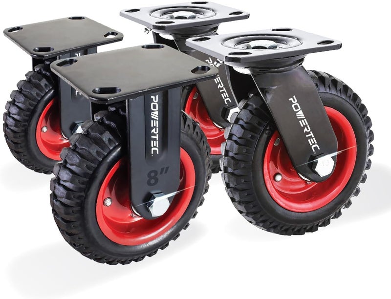 POWERTEC 8 Inch Caster Wheels Set of 4 (2 Swivel & 2 Fixed), Heavy Duty Casters w/Rubber Knobby Tread for Workbench, Dolly, Cart, Trolley, Wagon and Chicken Coop, Large Rubber Castor Wheels (17055V) - Image 1