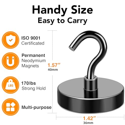 MIKEDE Magnetic Hooks Heavy Duty, 170LB+ Strong Black Magnets Hooks for Refrigerator, Rare Earth Neodymium Hooks with Epoxy Coating, Cruise Magnets with Hook for Hanging, Garage - 6 Pack - Image 3