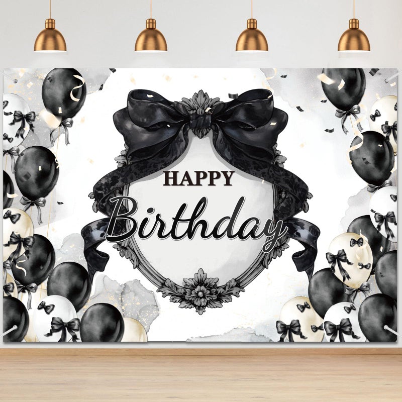 Tiamon Black Bow Birthday Party Backdrop 7 x 5 ft Coquette Happy Birthday Decorations Black and White Bow Photo Backdrop for Girls Women Coquette Party Photography Background - Image 1