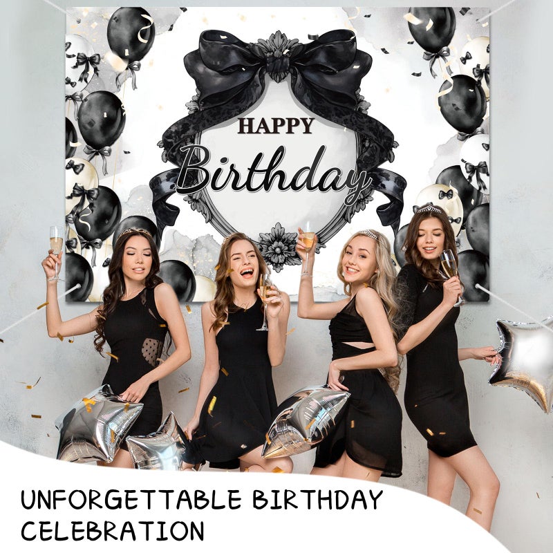 Tiamon Black Bow Birthday Party Backdrop 7 x 5 ft Coquette Happy Birthday Decorations Black and White Bow Photo Backdrop for Girls Women Coquette Party Photography Background - Image 4