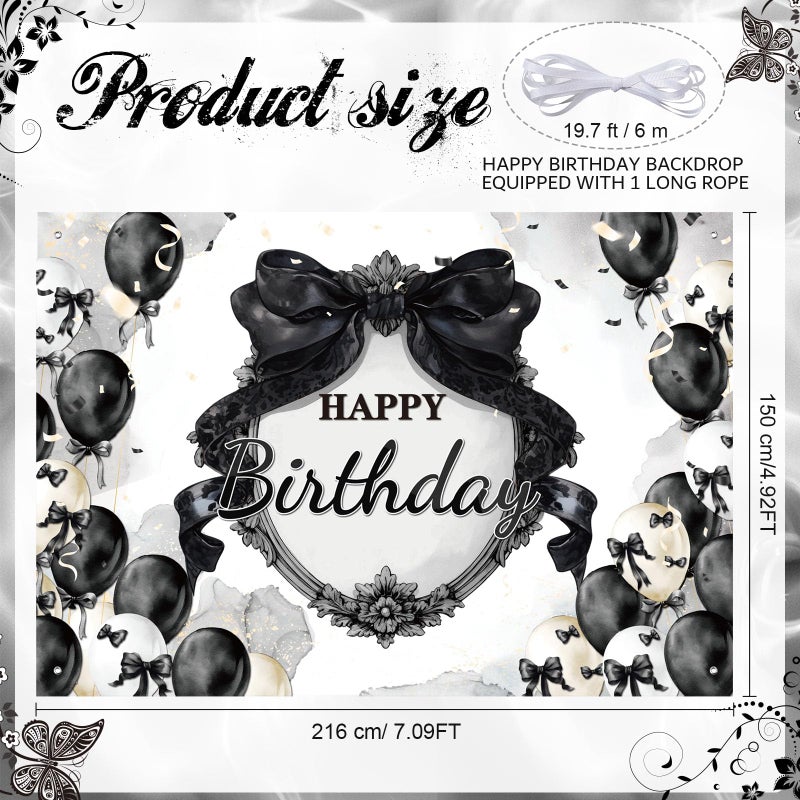Tiamon Black Bow Birthday Party Backdrop 7 x 5 ft Coquette Happy Birthday Decorations Black and White Bow Photo Backdrop for Girls Women Coquette Party Photography Background - Image 2