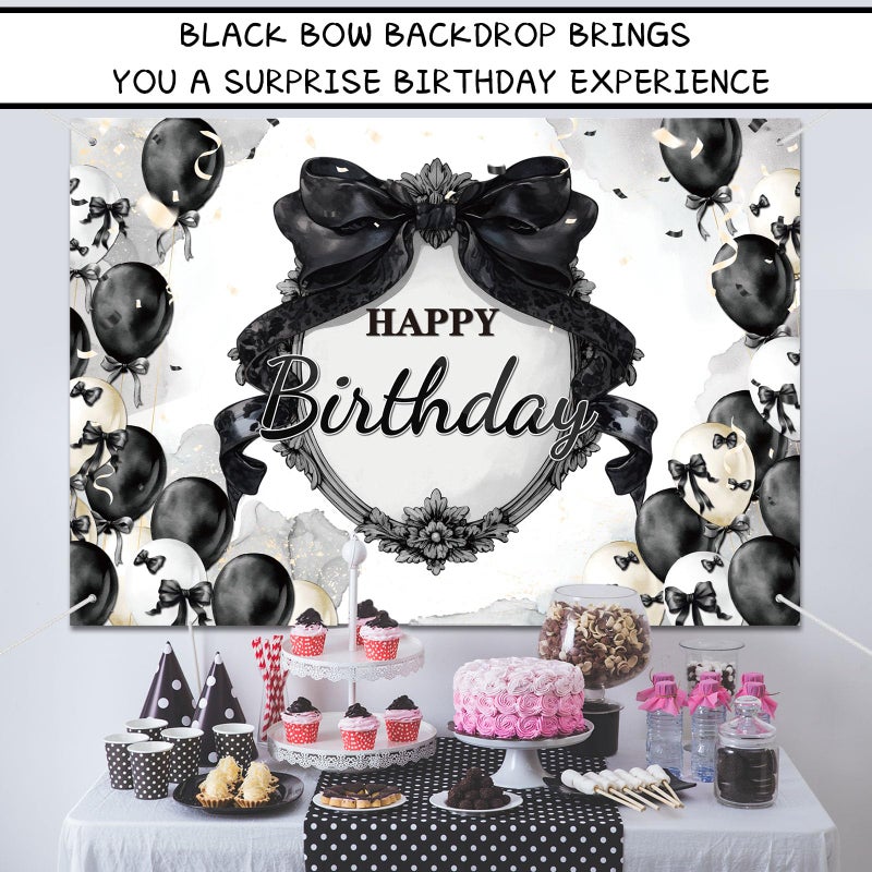 Tiamon Black Bow Birthday Party Backdrop 7 x 5 ft Coquette Happy Birthday Decorations Black and White Bow Photo Backdrop for Girls Women Coquette Party Photography Background - Image 5
