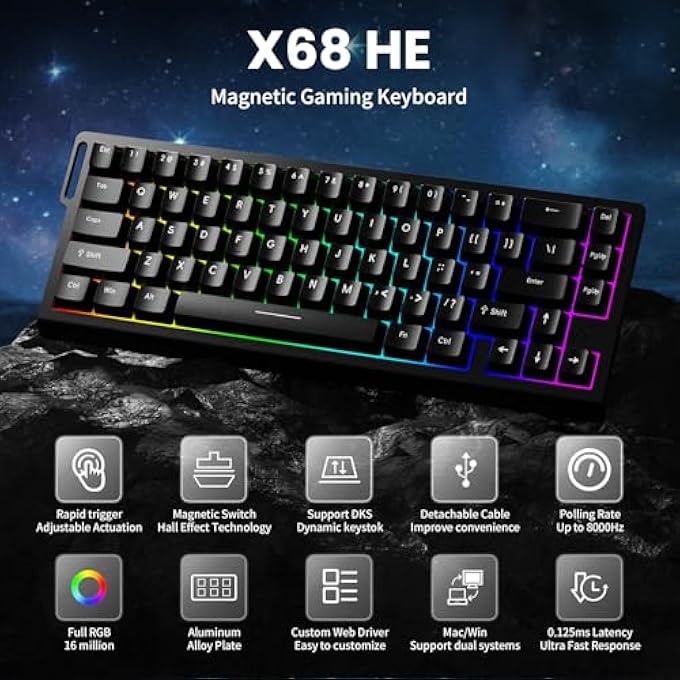 rayihni ATTACK SHARK X68 HE 8000HZ RAPID TRIGGER KEYBOARD, 0.01MM RT ACCURACY WIRED GAMING KEYBOARD WITH MAGNETIC SWITCH, ADJUSTABLE ACTUATION, RAPID TRIGGER, SNAP TAP, RGB LIGHTING FOR PC/MAC, BLACK - Image 2