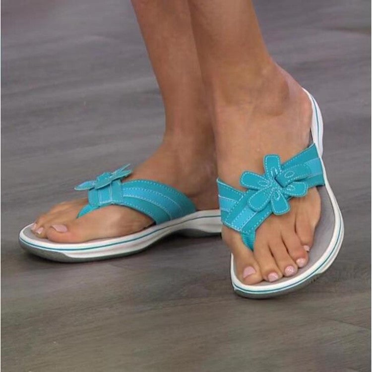 Cross-border large size sandals female 2022 summer new European and American flat bottom flowers home flip-flops foreign trade slippers Lightblue 39 - Image 2