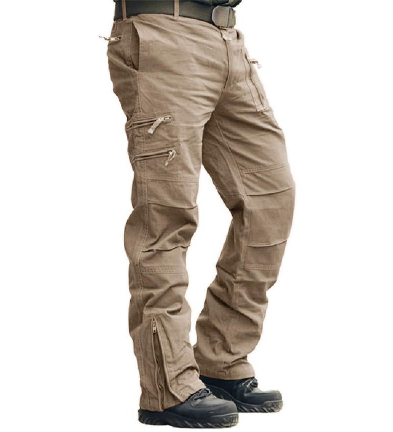 CRYSULLY Men's Work Tactical Pants 9 Pockets Khaki Cargo Pants for Men Outdoor Ripstop Hiking Trousers 34
