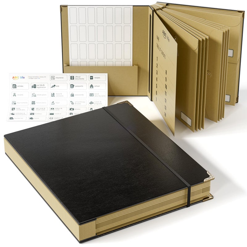 ABC life Document Organizer, Expanding File for Important Papers, Passports, Birth Certificates, Passports, Photos and Letters, Spine-Free Design with Elastic Closure - Black - Image 1