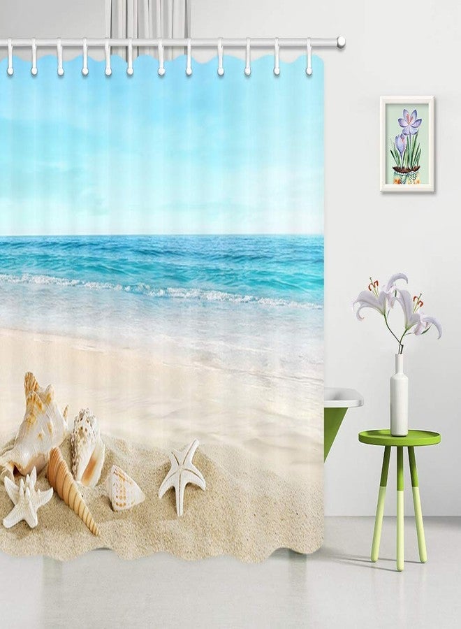 JAWO Starfish Beach Theme Shower Curtain Fabric, Tropical Sea Waves Seashell Conch Hawaiian Seaside Scene, Ocean View Cloth Shower Curtains No Smell with 12 Rustproof Grommet Holes, 69x70 Inches - Image 4
