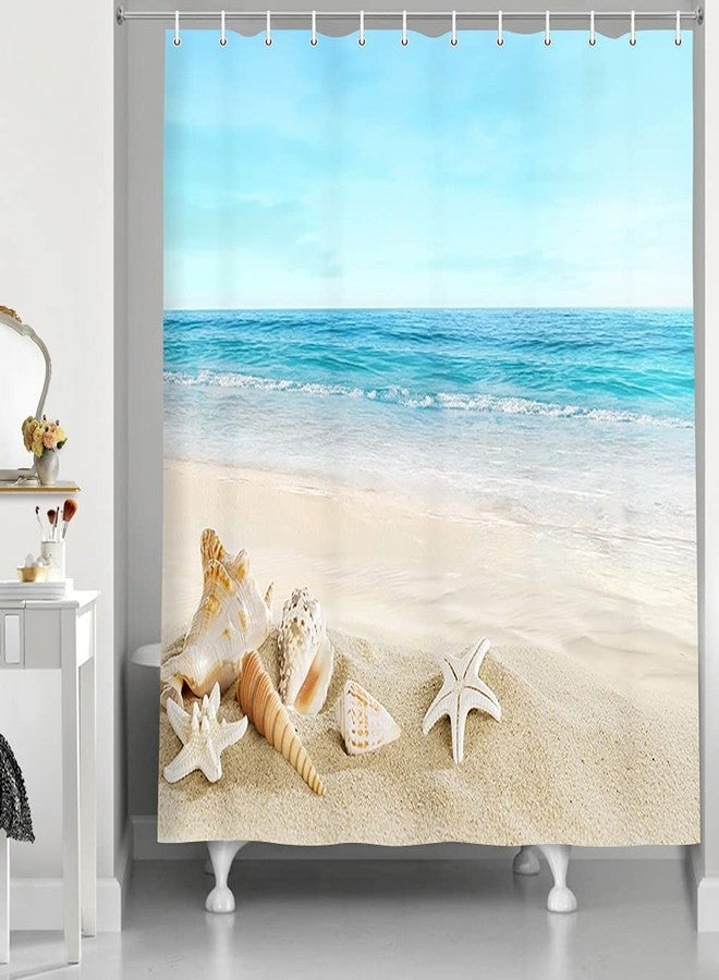 JAWO Starfish Beach Theme Shower Curtain Fabric, Tropical Sea Waves Seashell Conch Hawaiian Seaside Scene, Ocean View Cloth Shower Curtains No Smell with 12 Rustproof Grommet Holes, 69x70 Inches - Image 3