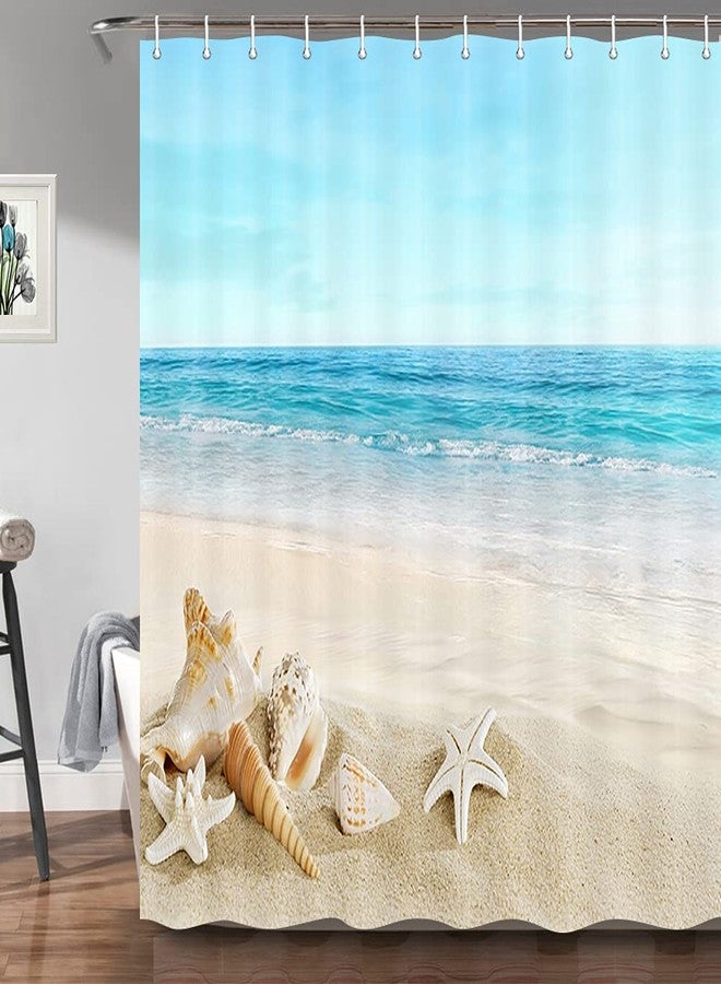 JAWO Starfish Beach Theme Shower Curtain Fabric, Tropical Sea Waves Seashell Conch Hawaiian Seaside Scene, Ocean View Cloth Shower Curtains No Smell with 12 Rustproof Grommet Holes, 69x70 Inches - Image 2