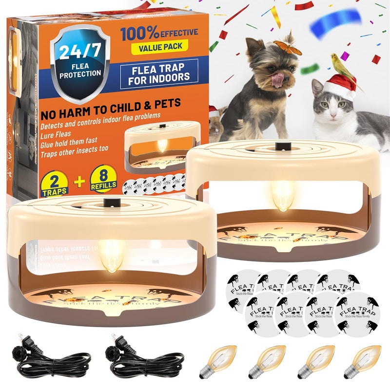 outtkitywi 2 Pack Flea Traps for Inside Your Home, Indoor Flea Light, Bed Bug Killer with 8 Sticky Pads & 4 Light Bulb, Odorless Natural Insect Infestation Treatment Trap for Kid Pet - Image 1