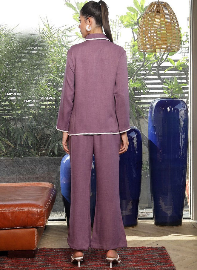 PlusS Lavender Embroidered Shirt And Trousers Co-Ords For Women - Image 5
