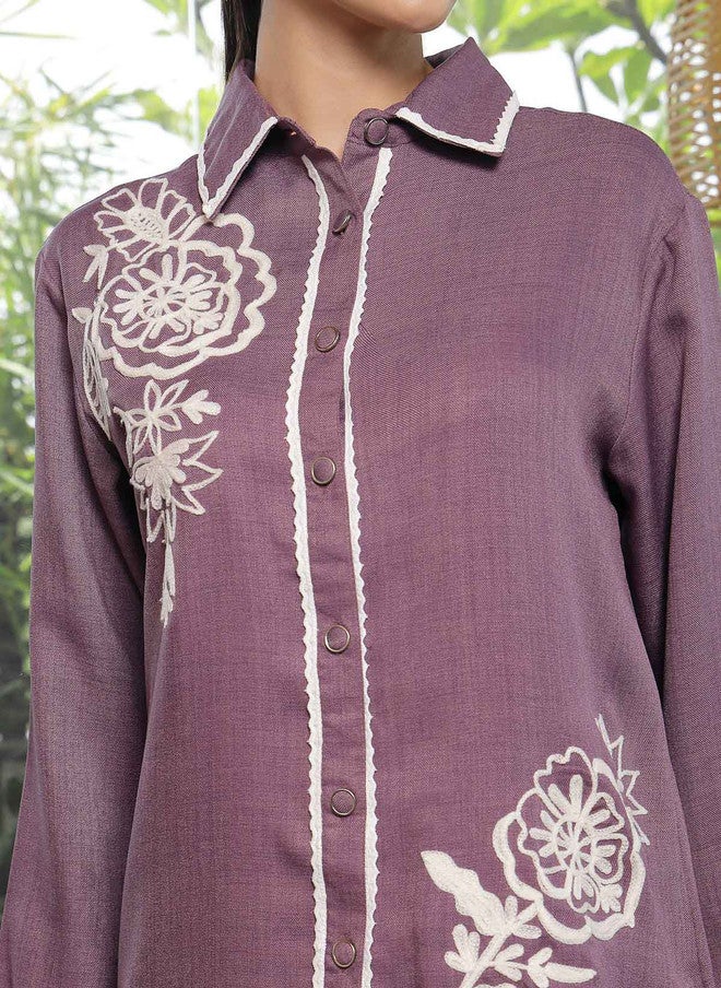 PlusS Lavender Embroidered Shirt And Trousers Co-Ords For Women - Image 2
