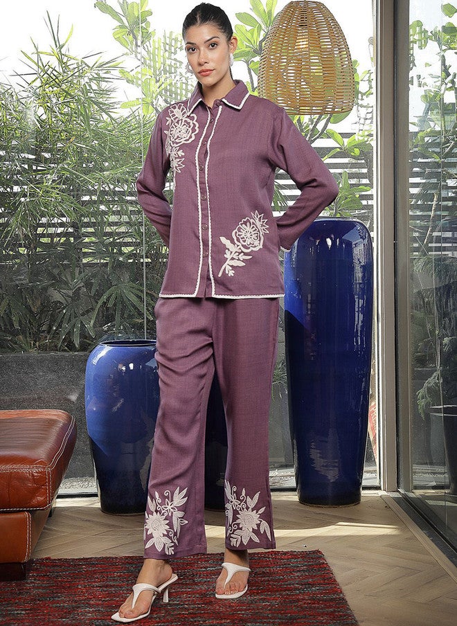 PlusS Lavender Embroidered Shirt And Trousers Co-Ords For Women - Image 1
