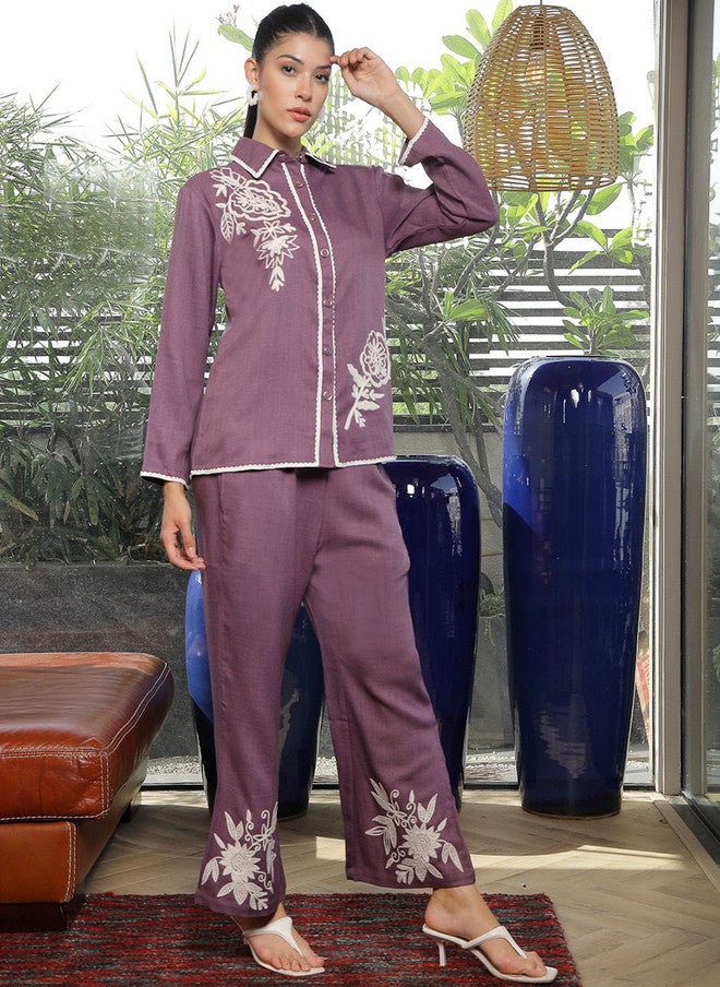 PlusS Lavender Embroidered Shirt And Trousers Co-Ords For Women - Image 4