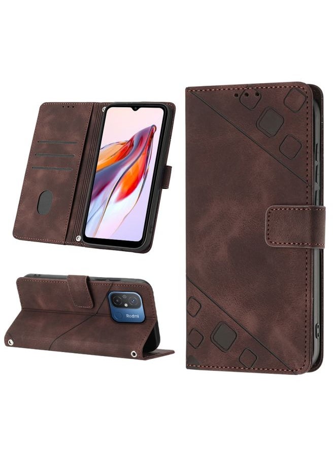HuHa Case Cover For Xiaomi Poco C55 / Redmi 12C / 11A Skin-feel Embossed Leather Phone Case Brown 