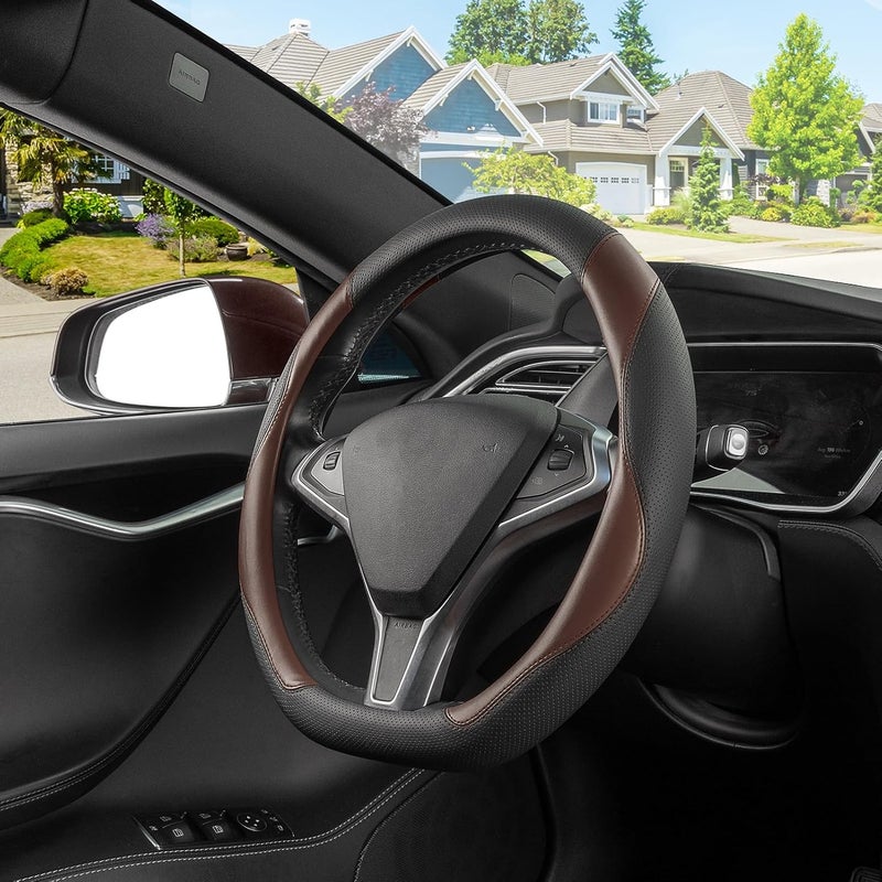 SEG Direct D Shaped Steering Wheel Cover, Flat Bottom Car Wheel Cover 14 1/2-15 in. (37-39 cm), Black and Mocha Brown Microfiber Leather - Image 2