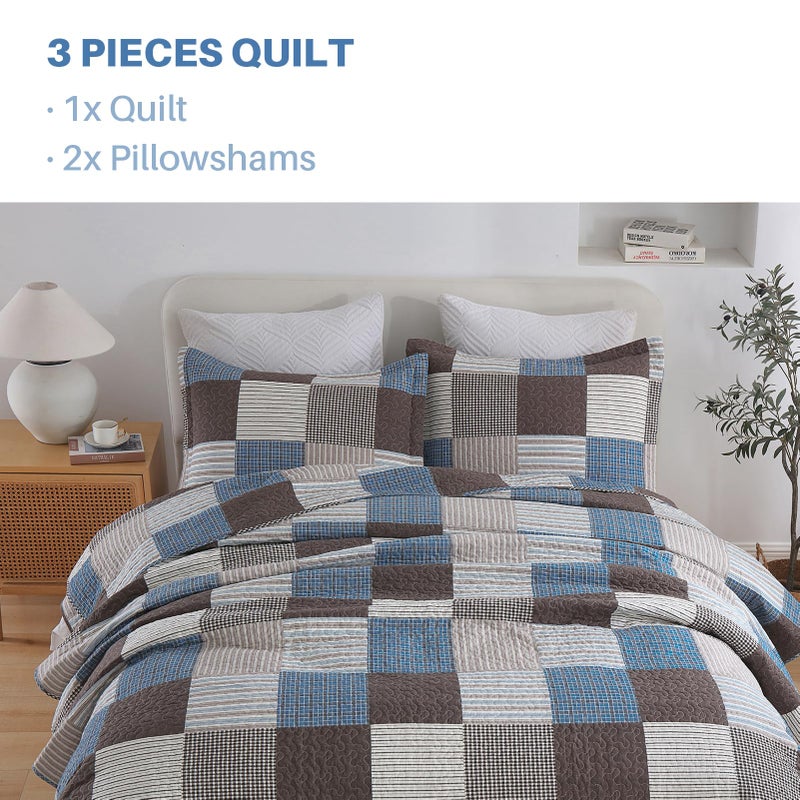 PANGUSHAN 100% Cotton Quilt Set Queen Size  Patchwork Plaid Queen Quilt Bedding Set Bedspreads  Farmhouse Lightweight Comforter Reversible Quilt  Blue/Brown Bed Spread for Queen Bed  3 Pieces - Image 4