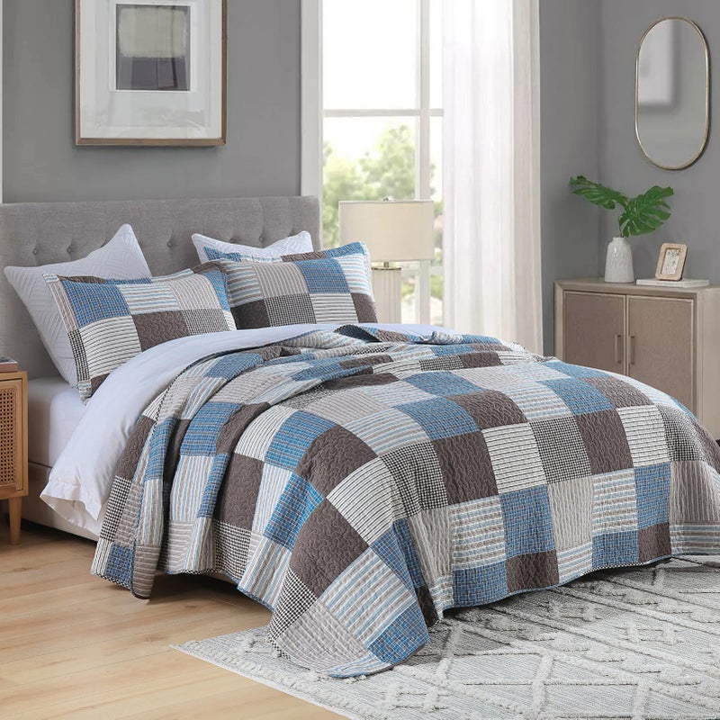 PANGUSHAN 100% Cotton Quilt Set Queen Size  Patchwork Plaid Queen Quilt Bedding Set Bedspreads  Farmhouse Lightweight Comforter Reversible Quilt  Blue/Brown Bed Spread for Queen Bed  3 Pieces - Image 2