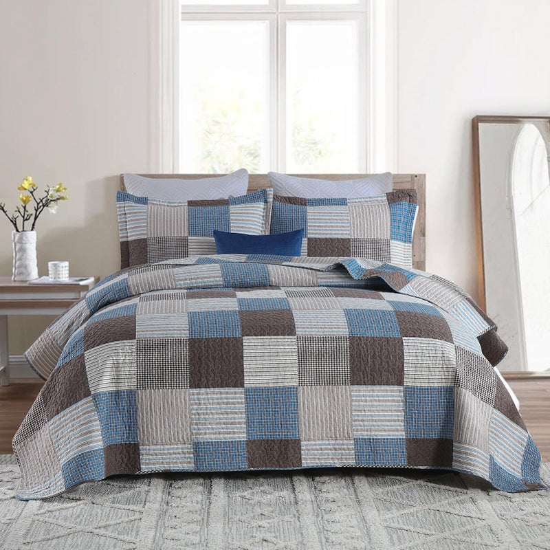 PANGUSHAN 100% Cotton Quilt Set Queen Size  Patchwork Plaid Queen Quilt Bedding Set Bedspreads  Farmhouse Lightweight Comforter Reversible Quilt  Blue/Brown Bed Spread for Queen Bed  3 Pieces - Image 1