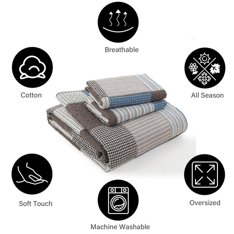 PANGUSHAN 100% Cotton Quilt Set Queen Size  Patchwork Plaid Queen Quilt Bedding Set Bedspreads  Farmhouse Lightweight Comforter Reversible Quilt  Blue/Brown Bed Spread for Queen Bed  3 Pieces - Image 5