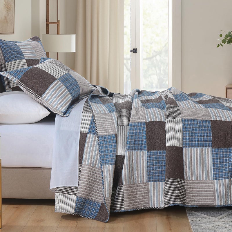 PANGUSHAN 100% Cotton Quilt Set Queen Size  Patchwork Plaid Queen Quilt Bedding Set Bedspreads  Farmhouse Lightweight Comforter Reversible Quilt  Blue/Brown Bed Spread for Queen Bed  3 Pieces - Image 3