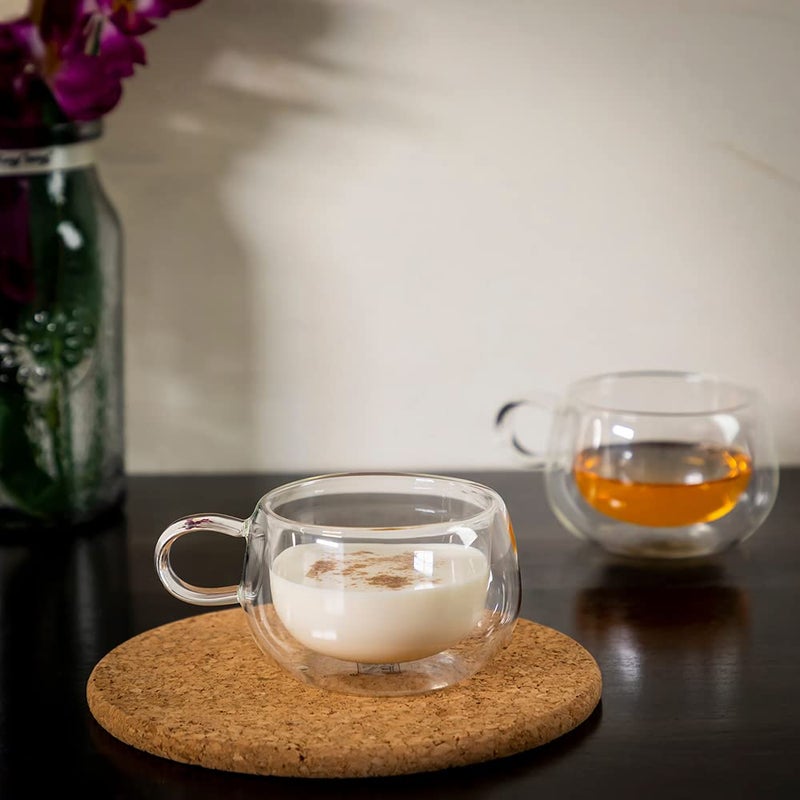 EZ Life Borosilicate Double Walled Round Mug Glass Coffee Cups with Handle, Glasses Cappuccino Mug, Drinking Glasses for Coffee & Tea, Insulated Glass, Dishwasher Safe-Transparent- 200 ml (4) - Image 2