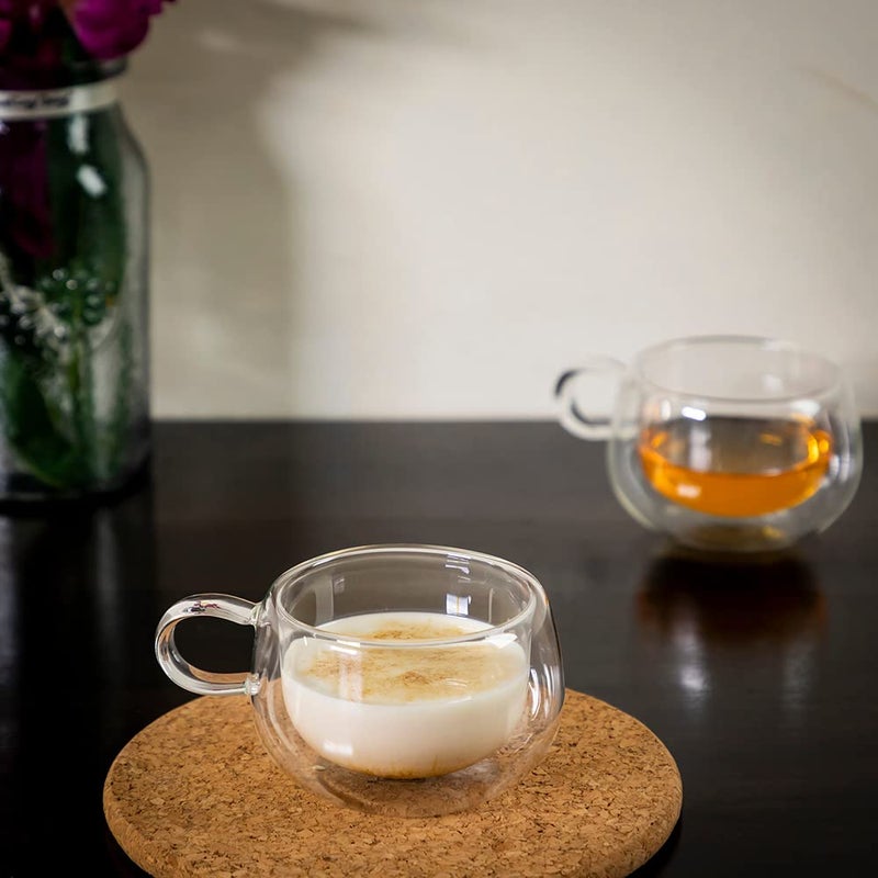 EZ Life Borosilicate Double Walled Round Mug Glass Coffee Cups with Handle, Glasses Cappuccino Mug, Drinking Glasses for Coffee & Tea, Insulated Glass, Dishwasher Safe-Transparent- 200 ml (4) - Image 4