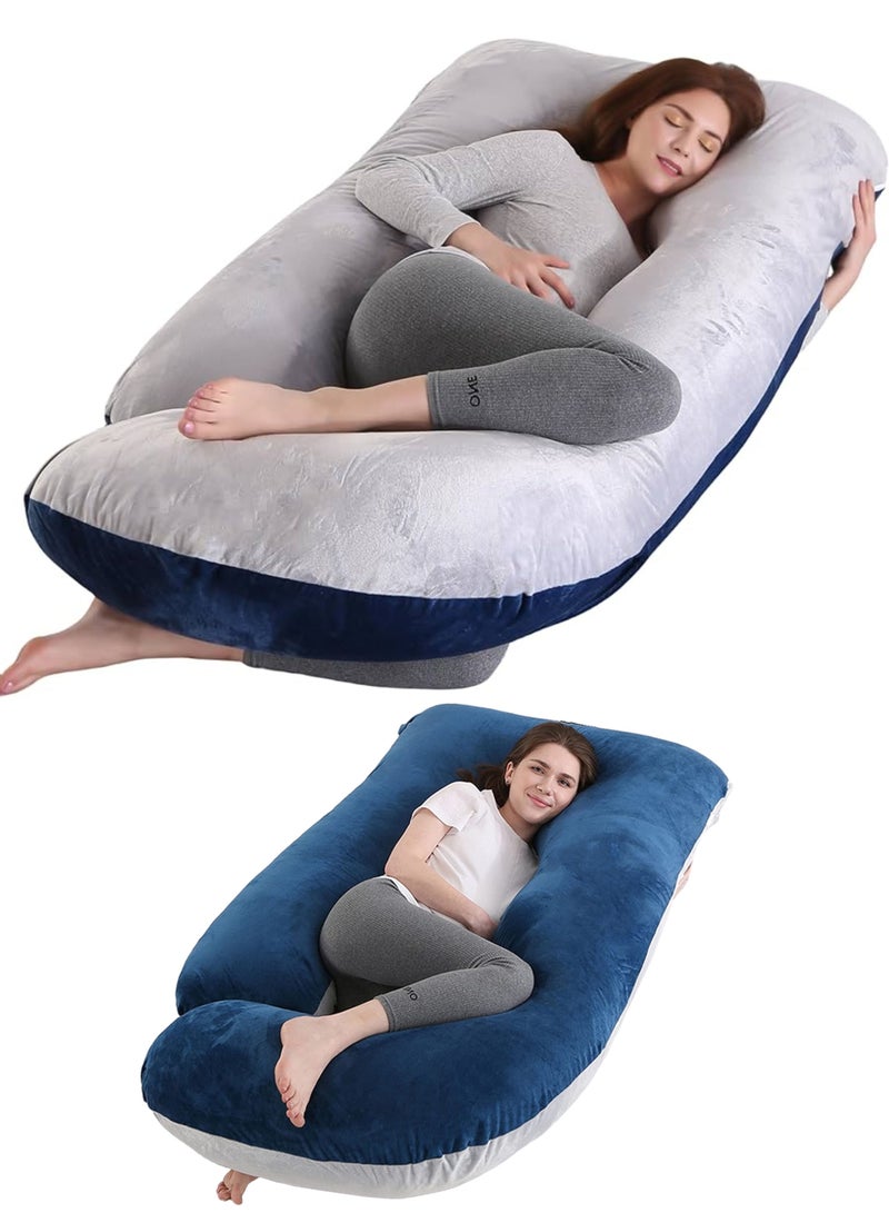 Zaprus Pregnancy Pillow J-Shape Full Body Support 100% Cotton Fiber Maternity Pillow for Side Stomach Sleeping Back Hip Belly Pain Relief Ergonomic Comfortable Prenatal Pillow Light Grey Blue for Daily Use - Image 1