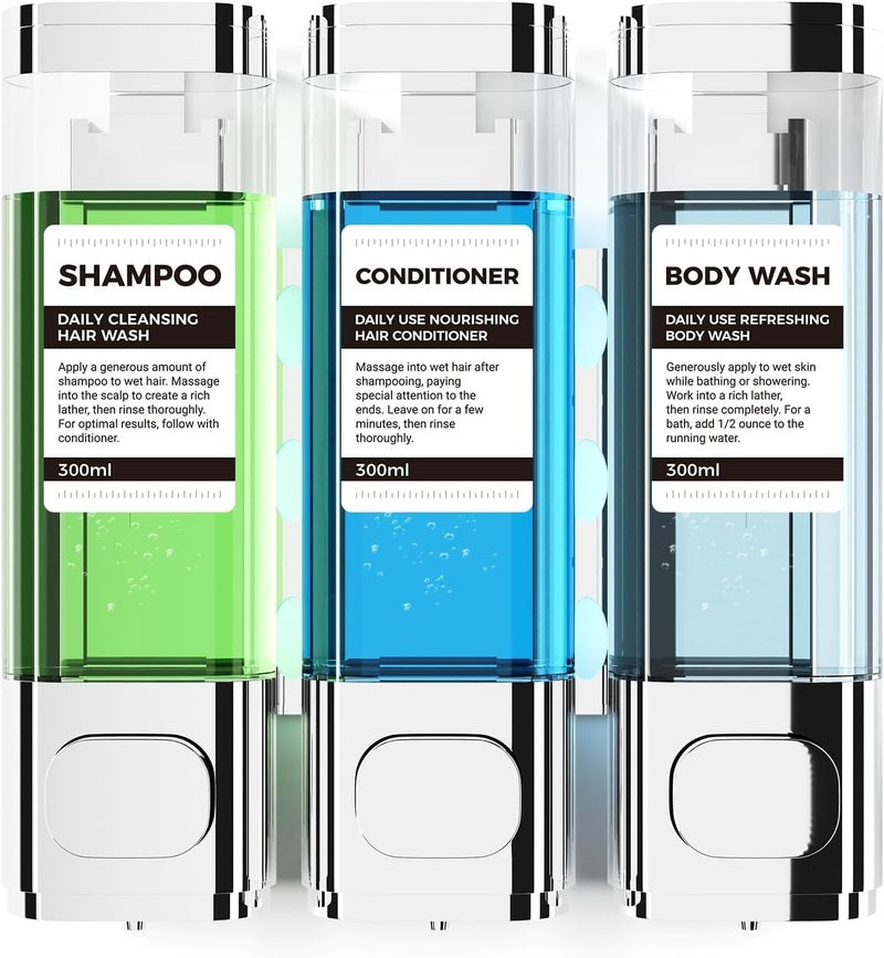 Aeakey 3-Chamber Wall Mounted Shampoo and Conditioner Dispenser,300ML Each Shower Soap Dispenser,Easy Refill,No Drip,Ideal for Shampoo,Conditioner,Body Wash for Bathroom Kitchen Hotel - Image 1