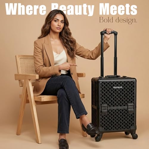 SHAMAX Professional Rolling Makeup Case, Cosmetic Organizer Trolley, Manicure Storage Vanity Locks, Makeup Trolley for Hairdressers, Salons, Beauty Lovers, 360° Universal Wheels (5088 Black) - Image 2