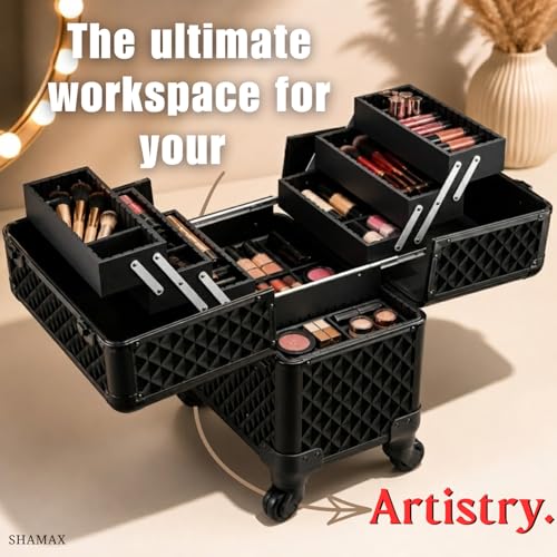 SHAMAX Professional Rolling Makeup Case, Cosmetic Organizer Trolley, Manicure Storage Vanity Locks, Makeup Trolley for Hairdressers, Salons, Beauty Lovers, 360° Universal Wheels (5088 Black) - Image 3