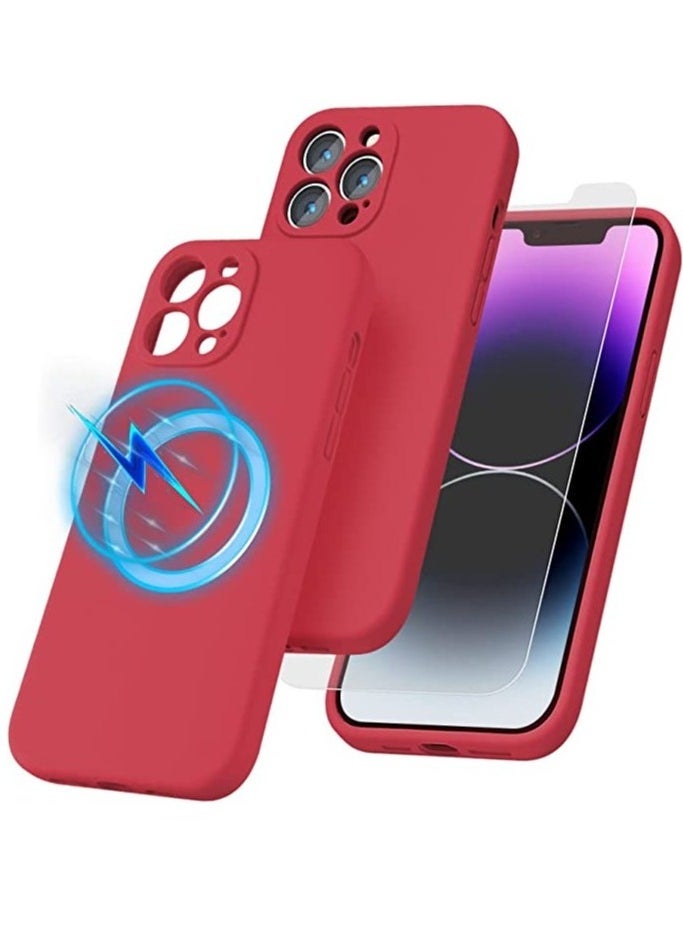 Raxoom iPhone 14 Pro Max + 2 Pack Tempered Glass Screen Protector Magsafe Case Silicone Phone Case with Microfiber Lining for iPhone 14 Pro Max 6.7 inch 2022,Red - Image 1