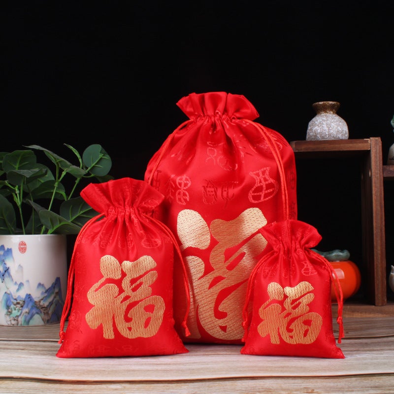 Spot Drawstring Dafu Packaging Gift Bag Red Silk New Year Bags Bag Bag Logo Happy Bag - Image 3
